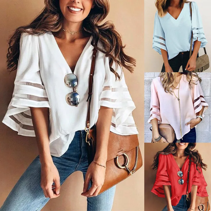 

2019 Fashion Droppshiping Women 3/4 Bell Sleeve V Neck Lace Patchwork Casual Loose Shirt Summer Solid Tops BFJ55