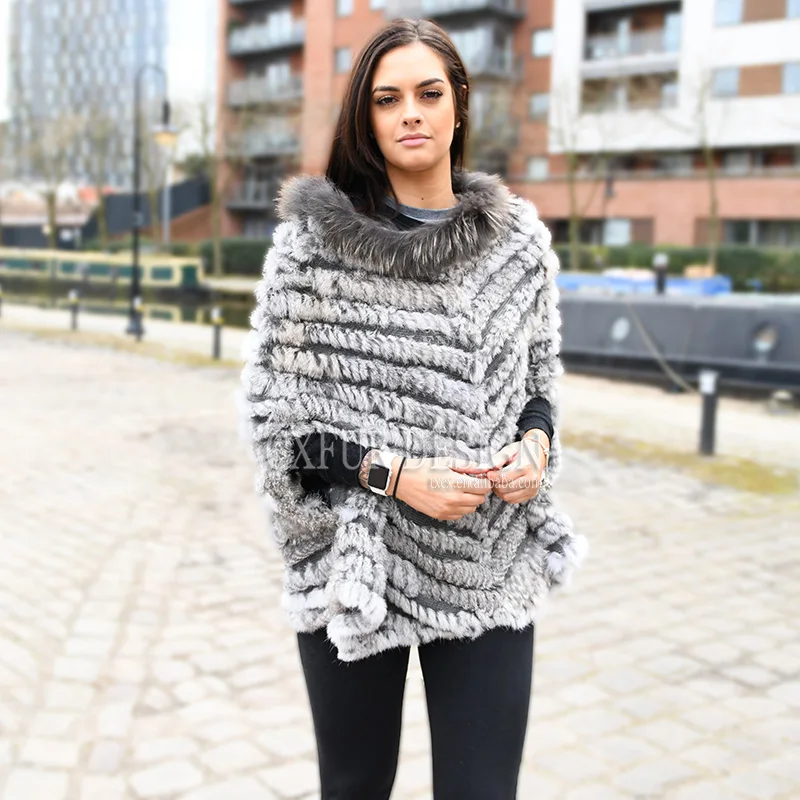 

CX-B-107C 2019 New Fashion Women Real Rabbit Fur Shawl Lady Scarf Knitted Natural Rabbit Fur Poncho Shawl