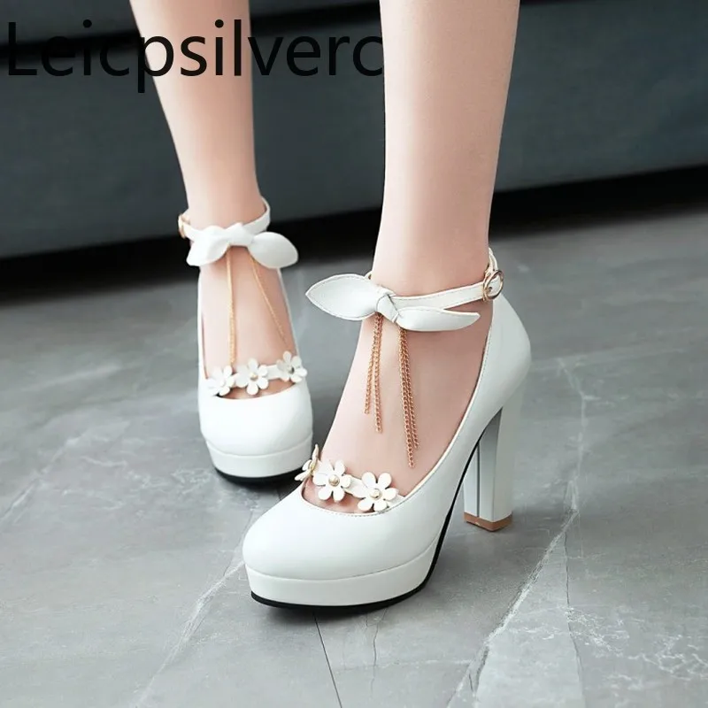 

Spring and autumn Round head Buckle Flower butterfly Knot ChainThick heel High heel Women's Single shoes plus size 31-44