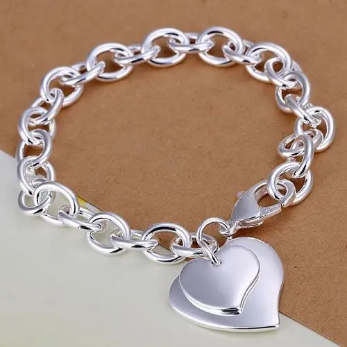 

Free shipping 925 sterling silver jewelry bracelet fine fashion two double heart pendant bracelets top quality SMTH279