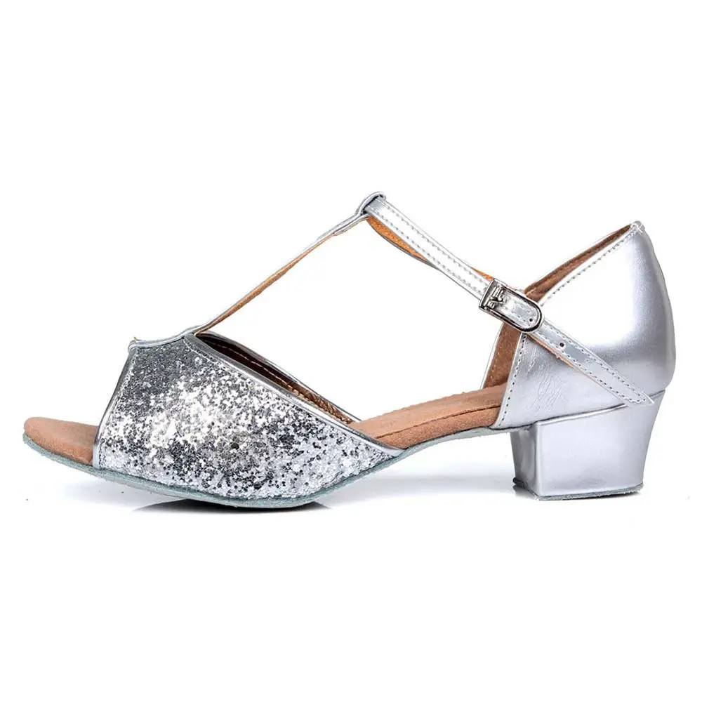 Детская обувь для латинских танцев на каблуках 4 см/3,5 см, обувь для сальсы, обувь для танго, бальных танцев для женщин и девушек, обувь высокого качества, распродажа - Цвет: Silver