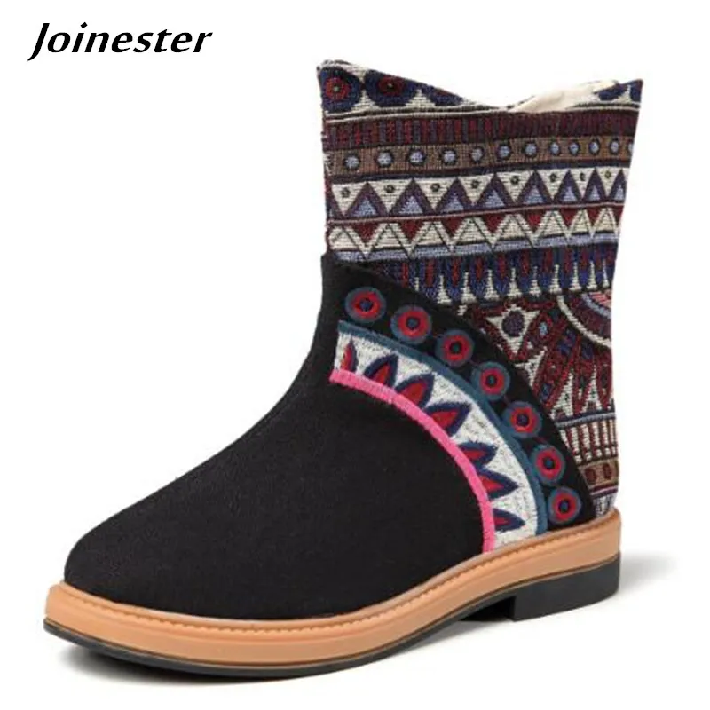 

Vintage Women Autumn Boots Totem Embroider Low Heel Ankle Boots for Ladies Slip on Fashion Girls Winter Shoes Ethnic Patchworks