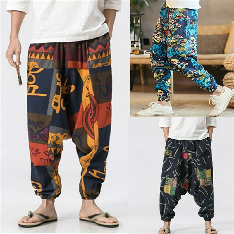 

New Men Ethnic Style Print Cross-Pants Autumn High Waist Loose Floral Long Pants Male Streetwear Vintage Harem Joggers Trousers
