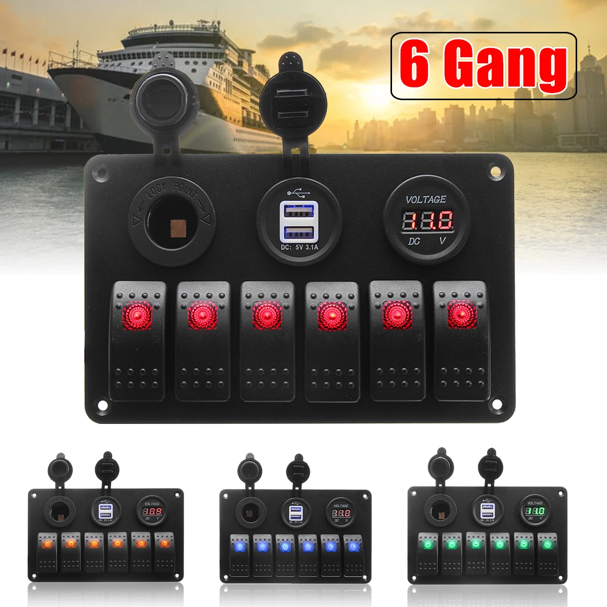 

6 Gang 5 Pin 12V 24V LED Rocker Switch Panel Circuit Breaker Charger Dual USB Socket Cigaretter Plug Voltmeter Car Auto Charger