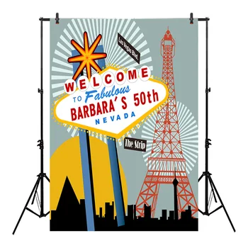 

Neoback Las Vegas Lighting Tower Photo Background Welcome to 50th Birthday Party Backdrop Stripes Cartoon Computer Printed