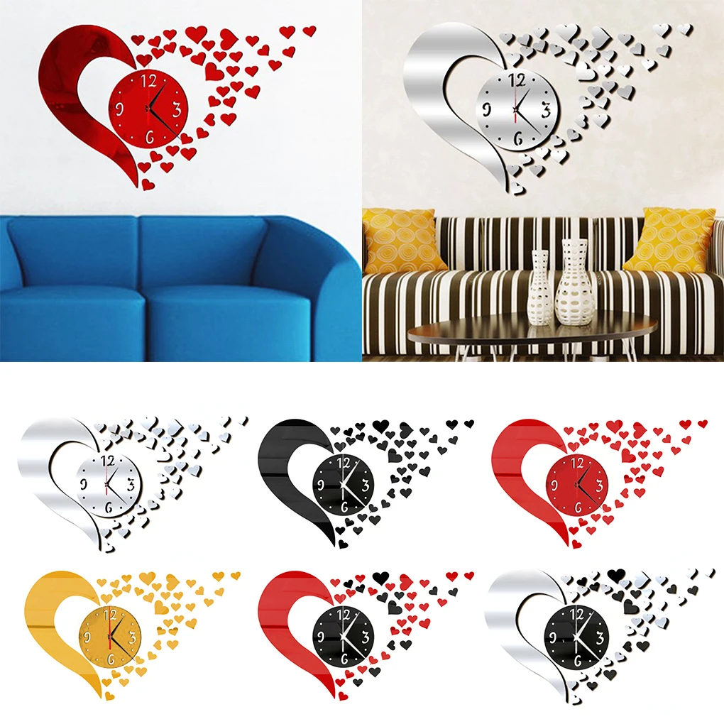 cheap Love Heart Shape Mirror Wall Clock Sticker Set 3D Home Decor PS Poster Decals Poster Paster Decor Kitchen Living Drawing Room