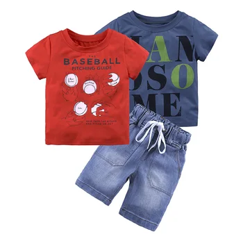 

Boys fashion clothing suit summer children's suit letter 2 piece top + denim shorts 3 piece set children's clothing 2-7Y