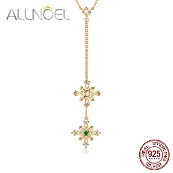 

ALLNOEL 925 Sterling Silver Women's Necklace Emerald Gemstone 9K Gold Snowflake Pendant Chain Fine Jewelry Valentine's Day Gift