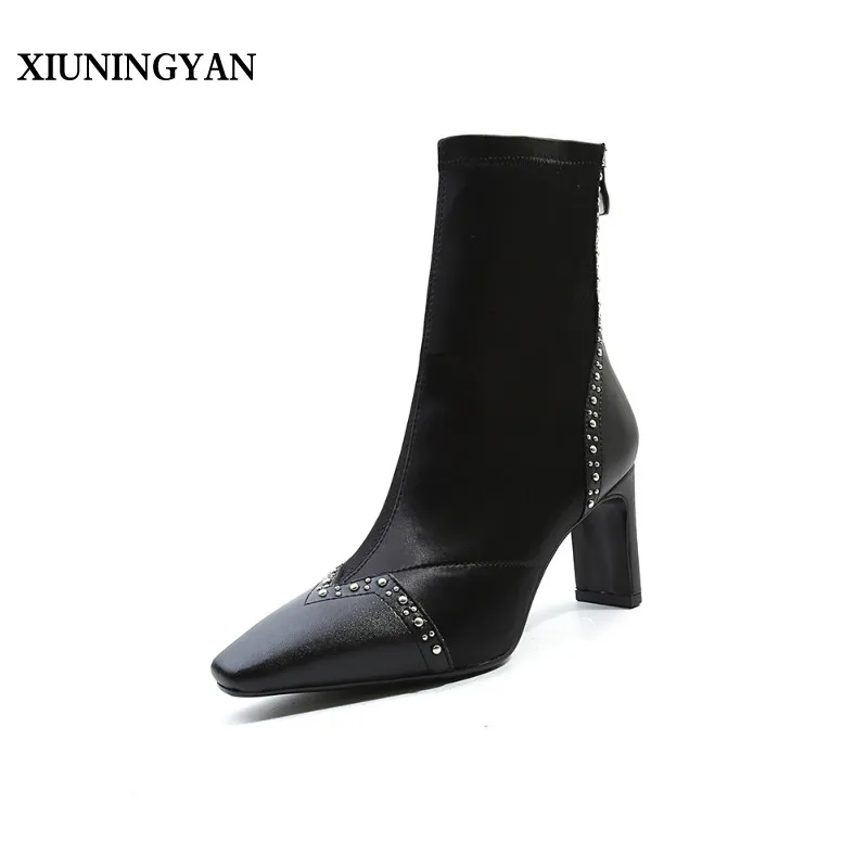 

XIUNINGYAN Women Boots Autumn New Fashion Elastic Boots Women Hoof High Heels Elegant Bling Square Toe Zipper Shoes Large Size