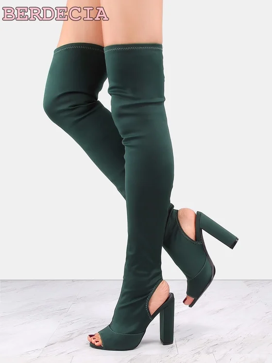 Dark green Stretch Fabric over the knee high boots peep toe fasten shoes fit consice chunky heel boots ladies thigh high boots