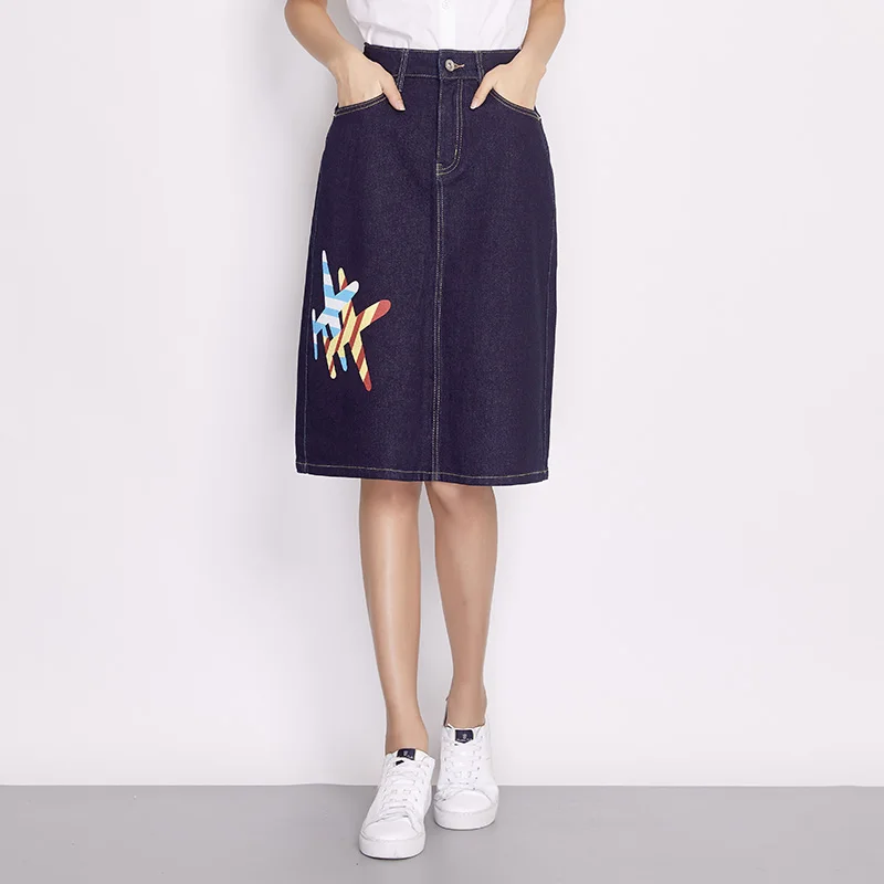 

2019 Summer Women Skirts Thin Elastic Printing A-Line Knee-Length Vintage Denim Skirt Embroidery Stretchy Female Skirts
