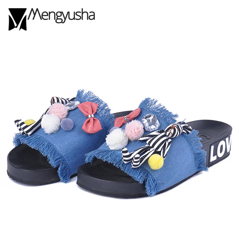 

cute stripe rabbit denim sandals women sweet lace fur ball flip flops crystal and bow decoration beach sandals slippers c271