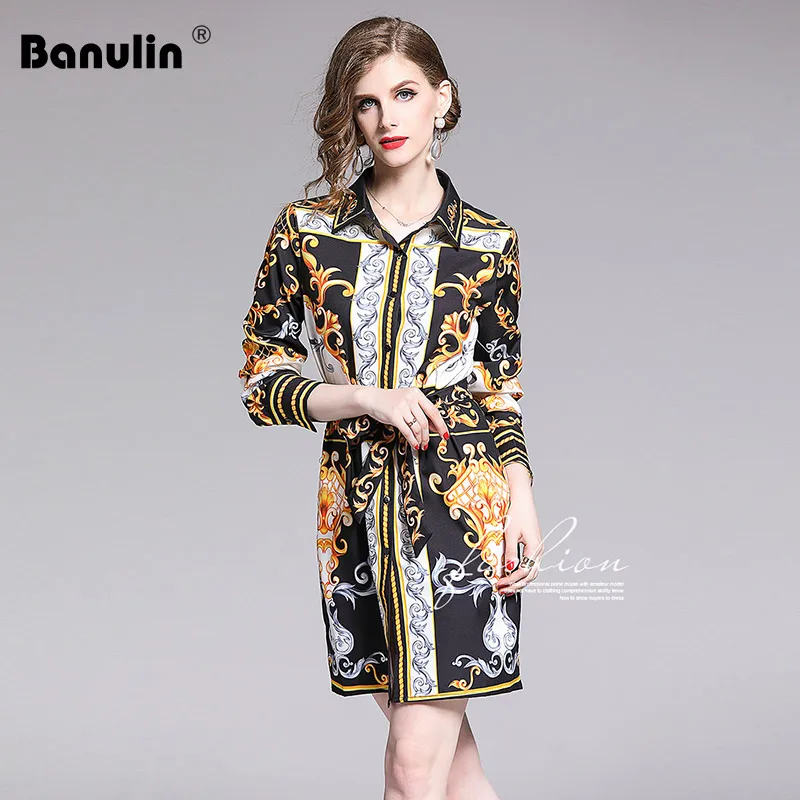 

Banulin Runway Fashion Designer Spring Summer Dresses Women's Long Sleeve Gorgeous Printed Belted Dress Slim Mini Shirt Dress
