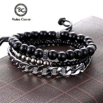 

1 Set 3PCS Multi-layer Leather Beaded Charm Bracelet Women Stainless Steel Link Chain Men's Couple Bracelets Dropshipping homme