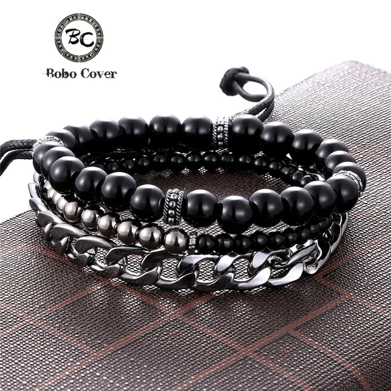 1 Set 3PCS Multi-layer Leather Beaded Charm Bracelet Women Stainless Steel Link Chain Men's Couple Bracelets Dropshipping homme