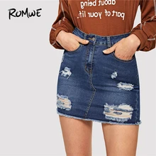 ROMWE Bleach Wash Distressed джинсовая юбка шикарная средняя талия мини-юбка летняя выше колена женская синяя Сексуальная облегающая юбка