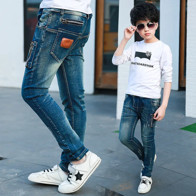 3 Children Clothing Baby Boys Jeans Ripped Kids Boy Denim Pants Scratch Teens Trousers Zipper Leather Patch Casual Elastic Waist