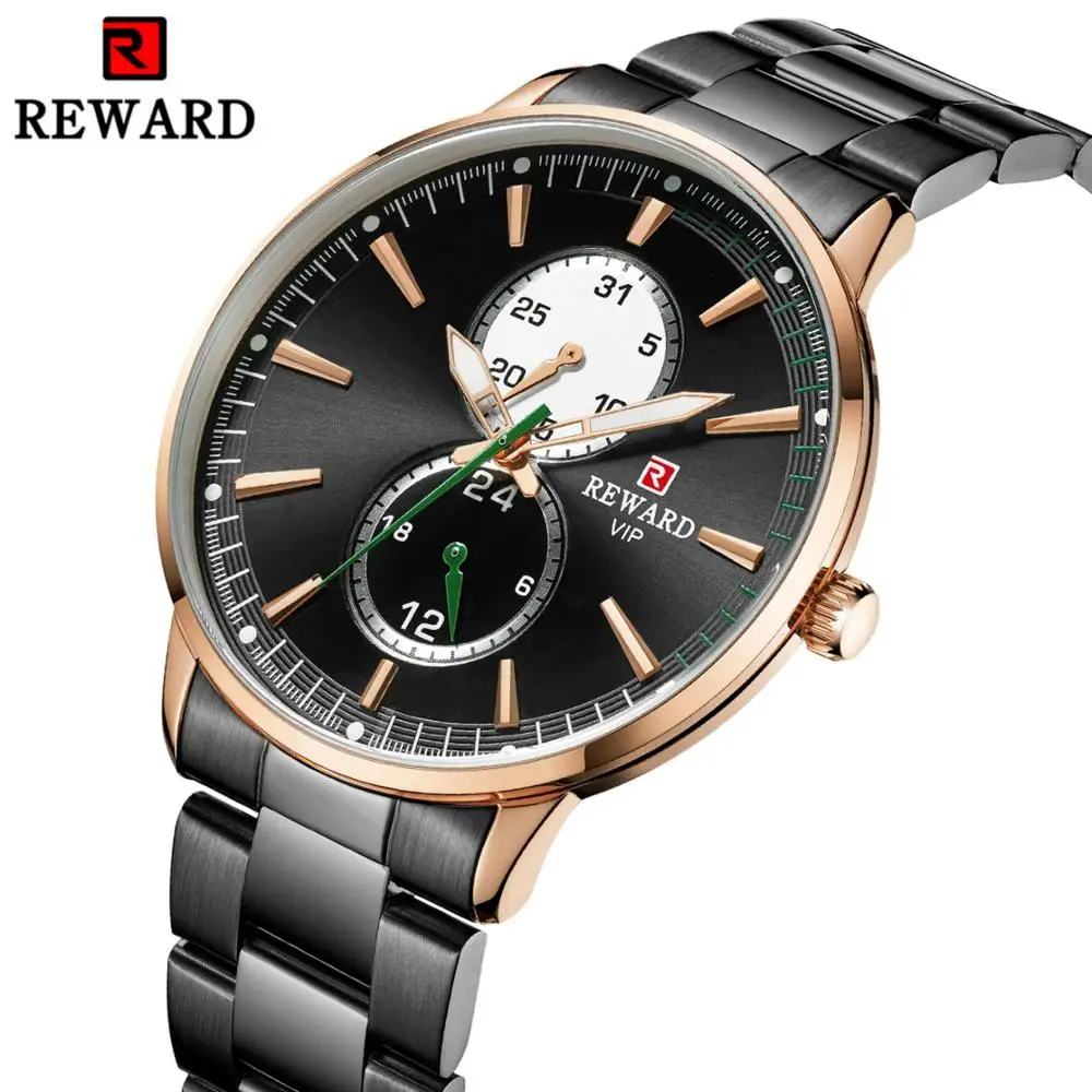 

REWARD Mens Watches Top Brand Luxury Quartz Watch Men Black Steel Strap Date 24 Hours Display Waterproof Wristwatch 2019 Clock