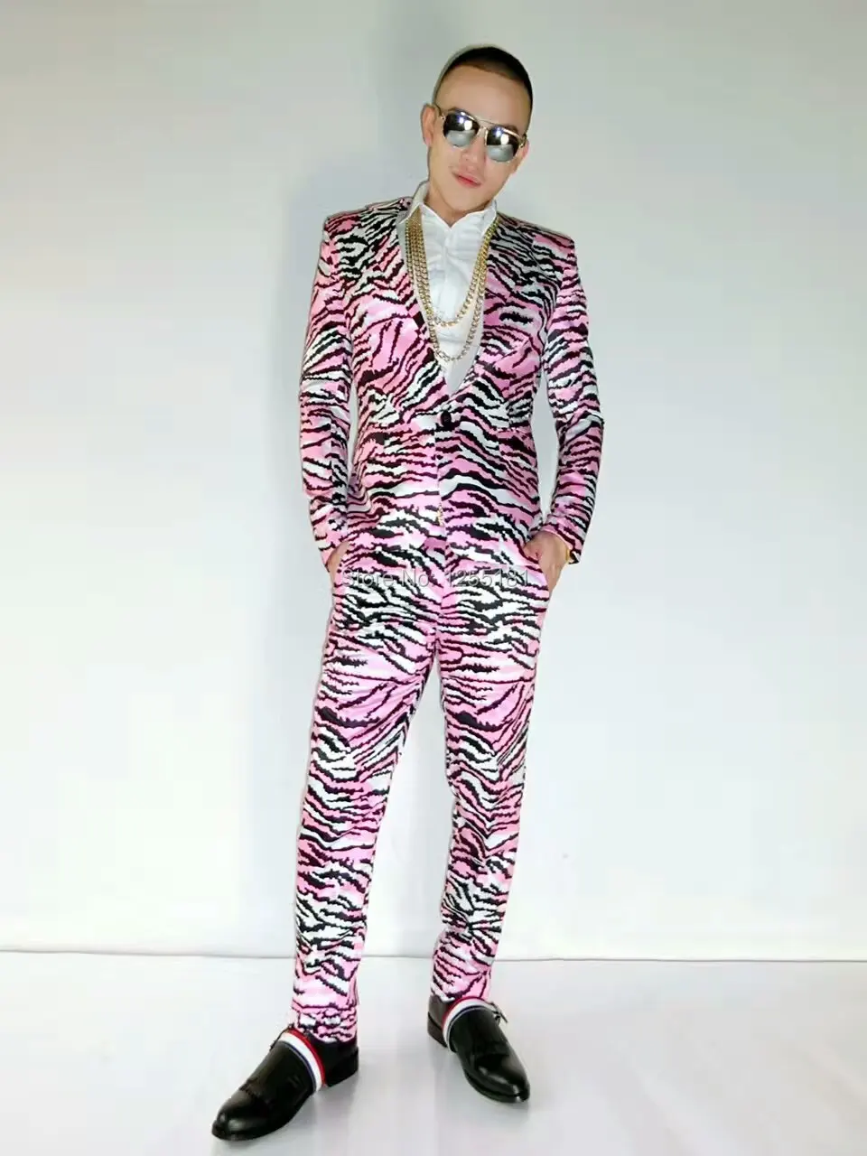 New Fashion Korean Version Men's Pink Zebra Suits Set Male