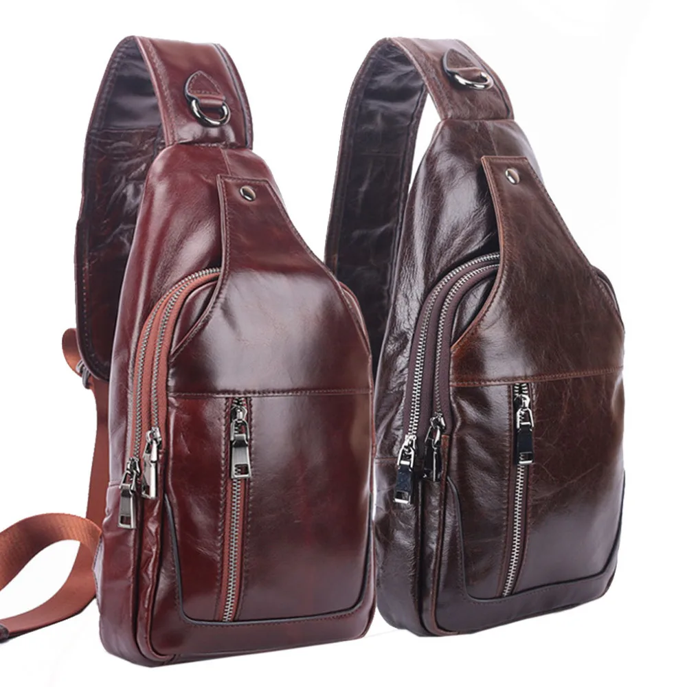 

High Quality Men Oil Wax Genuine Leather Cowhide Travel Climb Sling Chest Pack Messenger Shoulder Cross Body Bag