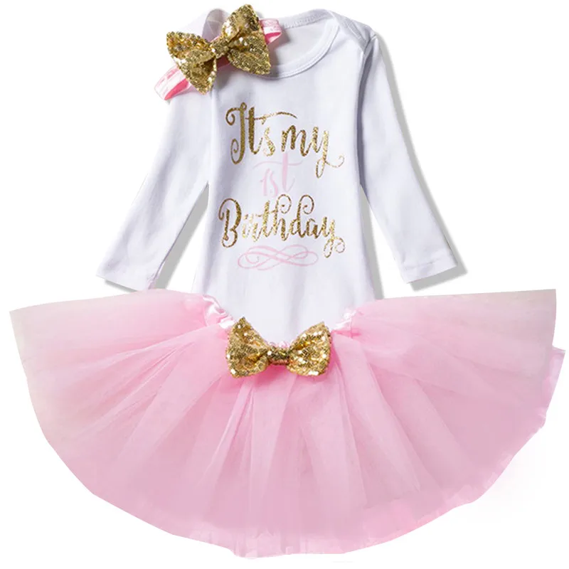 1 Year Baby Girl Birthday Dress 3pcs Bow Headband Cotton Kid Baby Clothing One Year Birthday Dresses for Newborn Baby Girls 2018