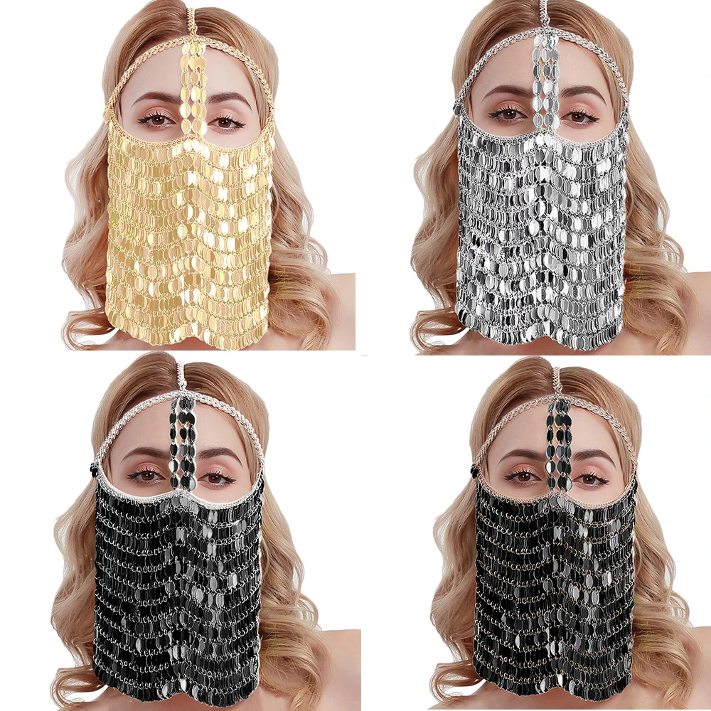 

4 color Harness Chain Face Mask Metal Face Veil Chains Necklaces Full Face Mask Indian bridal Sequins Head Jewelry for Women