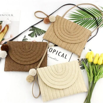 

Bohemian Woven Day Clutch Straw Bags for Women Beach Handbags Summer Handmade Kintted Hairball Crossbody Shoulder Bag