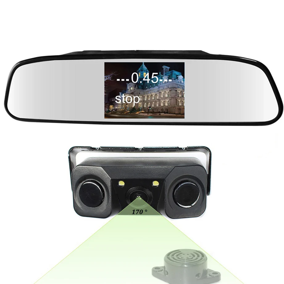 5 inch Mirror Monitor 3in1 Video Parking Sensor Backup Radar With Rear View Camera 5inch LCD