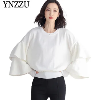 

YNZZU 2019 Fashion Autumn white Flare sleeve women sweater O-neck elegant knitted pullover sweaters Loose causal sweater YT655