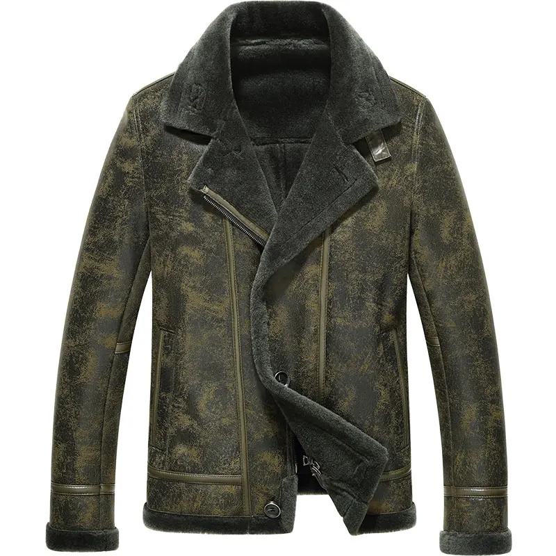AYUNSUE, натуральная кожа, куртка, Натуральная шерсть, мех, пальто для мужчин, мотоцикл, овчина, толстое пальто, теплая зимняя куртка LM-170152, KJ821 - Цвет: Army green