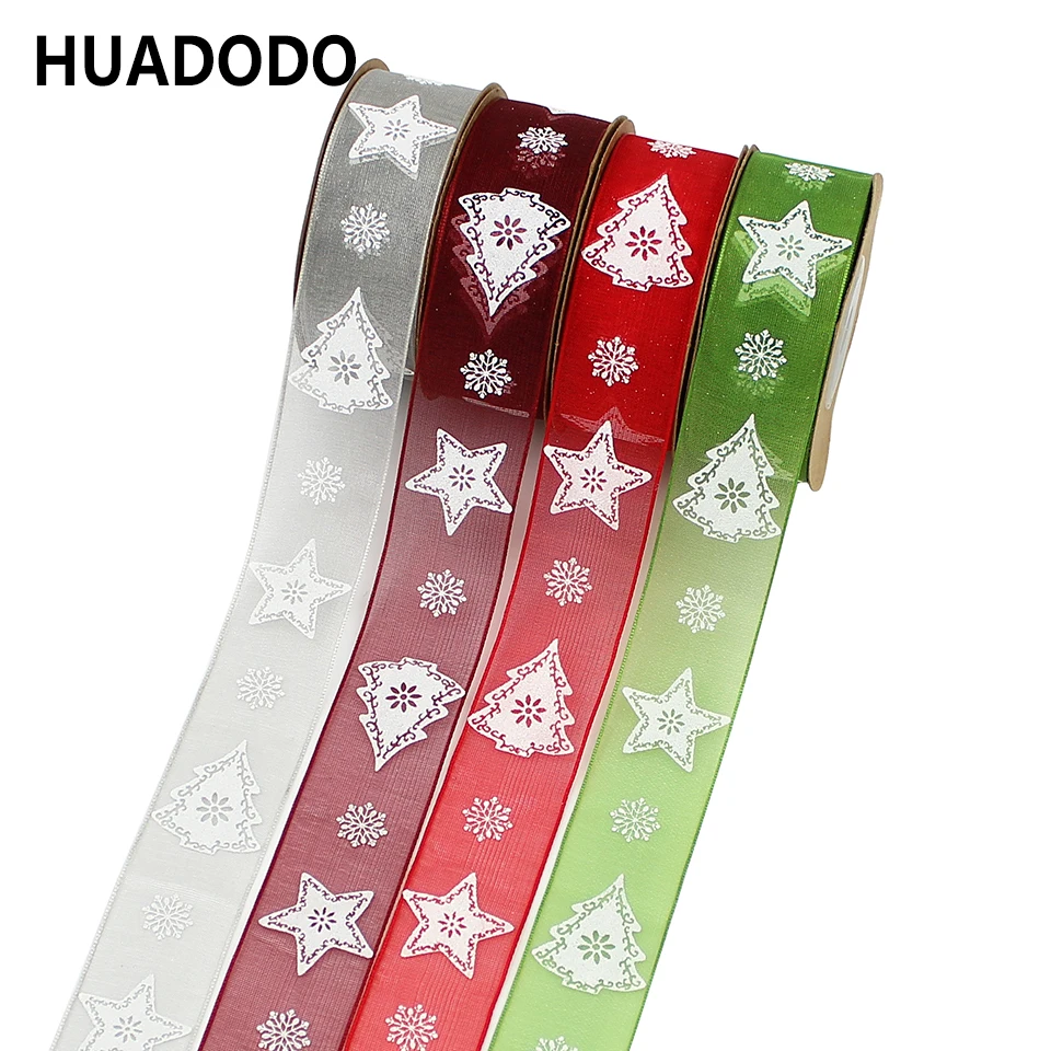 

HUADODO 25mm 10meters Christmas Organza Ribbon Printed tape for DIY Gift wrapping Christmas Ribbons decoration