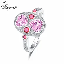 Lingmei lindo coração duplo única moda pinkwhiteyellowred zircon cor prata anel tamanho 6-9 banda de casamento