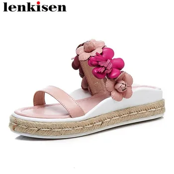 

Lenkisen flowers cow leather peep toe med heels slingback summer straw decoration slip on outside simple style women sandals L56