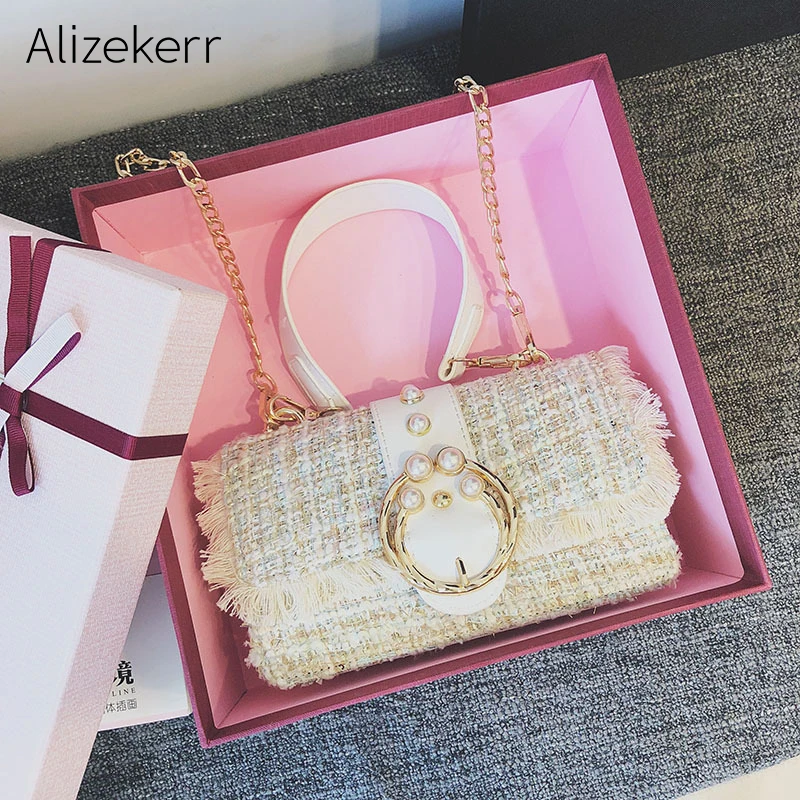 

Wollen Messenger Bag Women Sweet Pearl Chain Patchwork Square Bag Lady Small Flap Knitting Clutch bag For Women Malas De Senhora