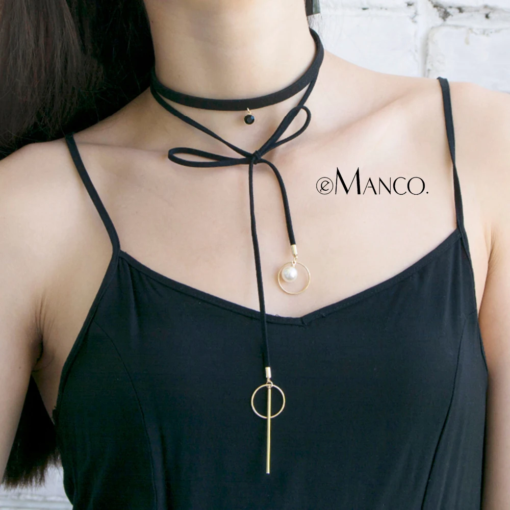 eManco Necklaces for Women Fashion Collar Pearl Pure Black Leather Bowknot Choker Necklace False Collar Party Neck Sexy Jewelry