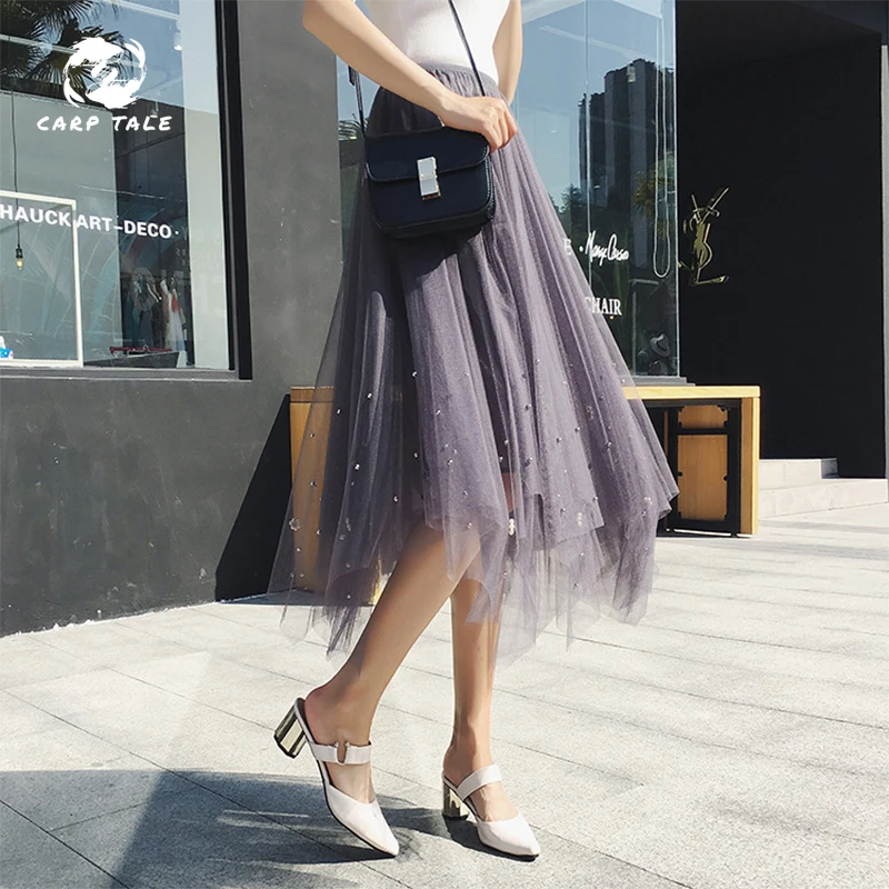 

2019 spring and summer models Korean fashion irregular beaded Slim wild mesh skirt women's long section women's clothing