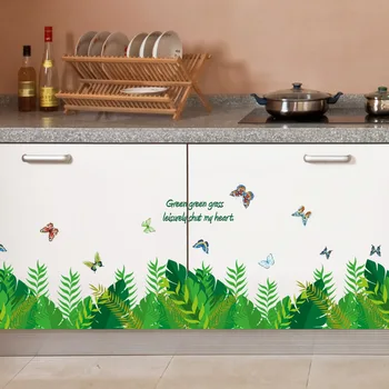 

Vinyl Green leaves Butterfly Baseboard Wall Stickers home Decor kids Skirting Living room Glass windows Mural Art Decals