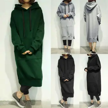 

L-5XL Women Long Sleeve Loose Casual Plus Sweatshirt Sweats Hoodies Long Maxi Hoodies Mid Calf Shirt dress Plus Size