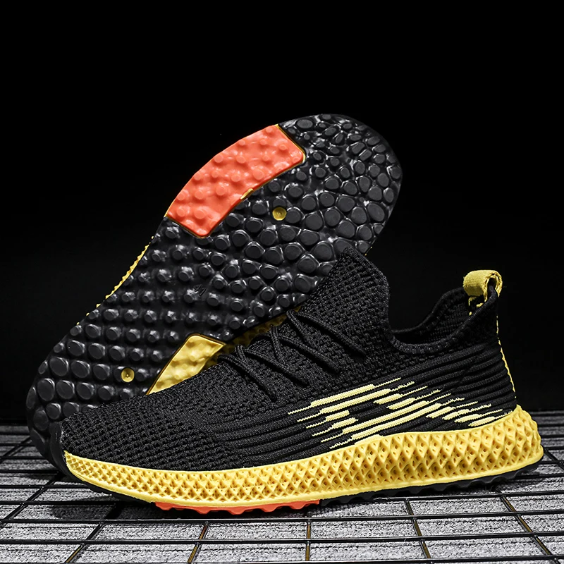 

Cushioning Men Breathable Running Shoes New Style Black Yellow Sport Shoes for Man Mesh Sneakers Red Fly Weave Athletic Footwear