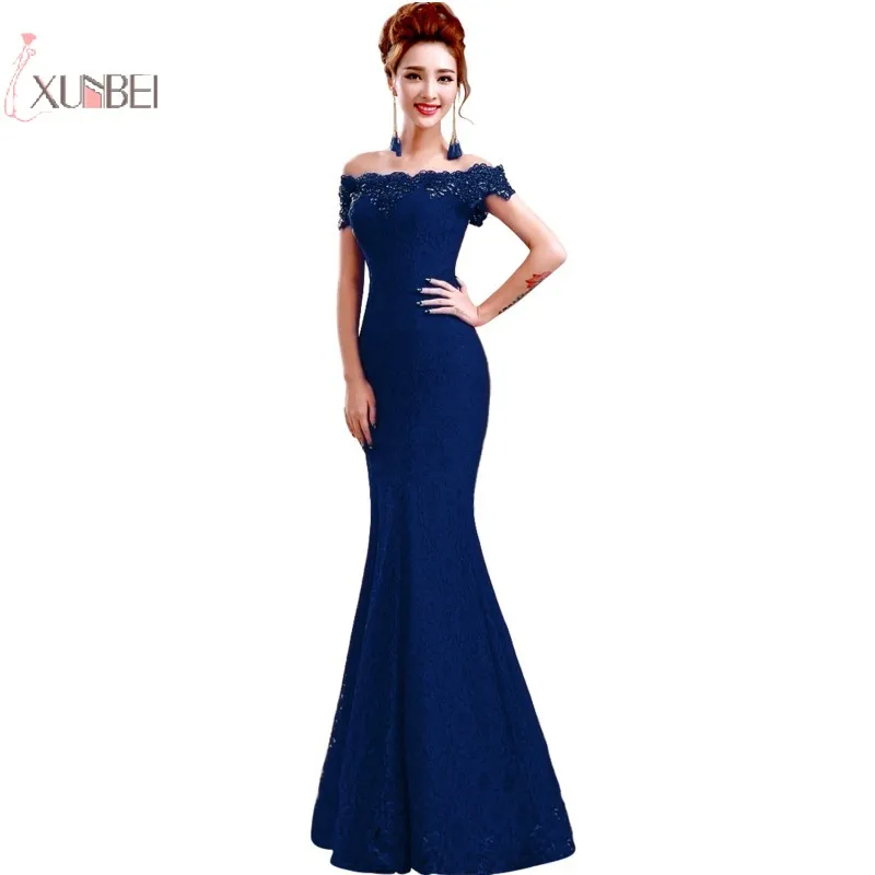 Navy Blue Темно-синие кружевные длинные платья русалки для матери невесты Вечерние платья с бисером и открытыми плечами для гостей на свадьбе - Цвет: Navy Blue