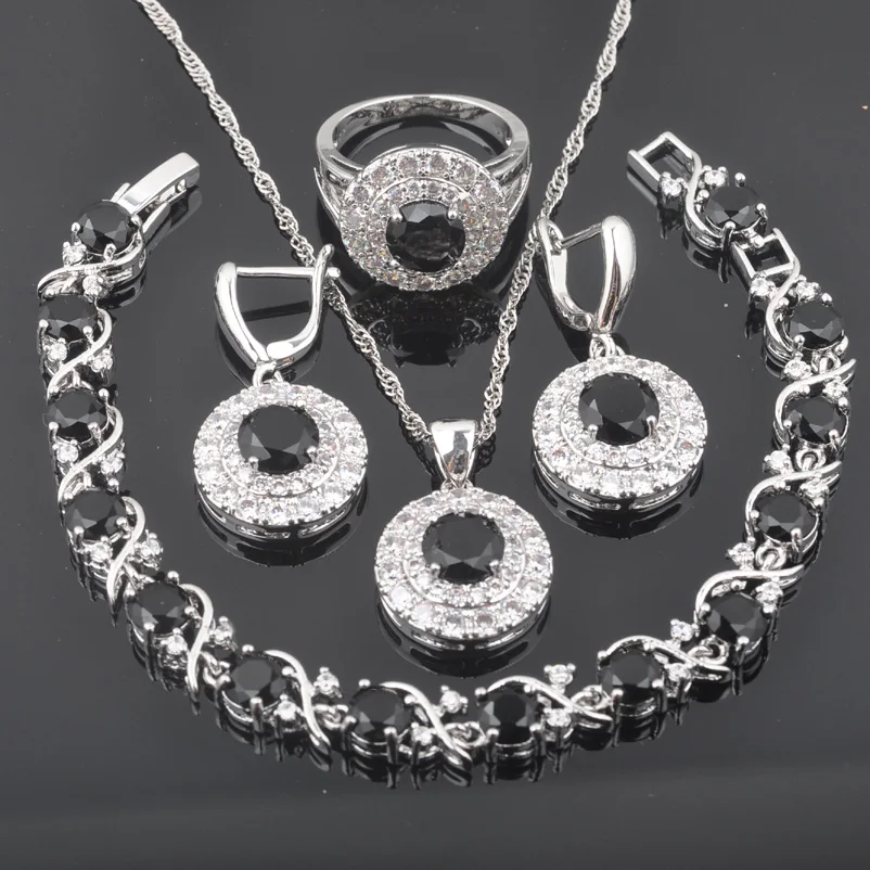 Свадебные ювелирные изделия, черный кубический цирконий, 925 серебряные ювелирные наборы для женщин, серьги для костюма/ожерелье/браслет/кольцо, лучший подарок QS0270