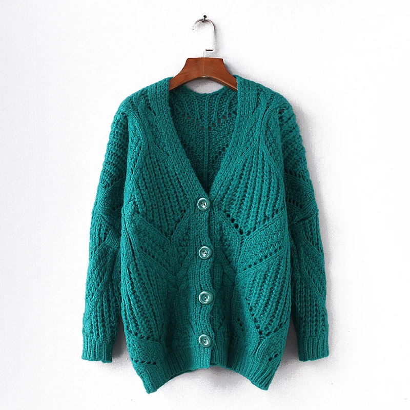 PERHAPS U Women Sweater Knitted Long Sleeve Green Cardigans V Neck Winter Outwear Loose M0031 |