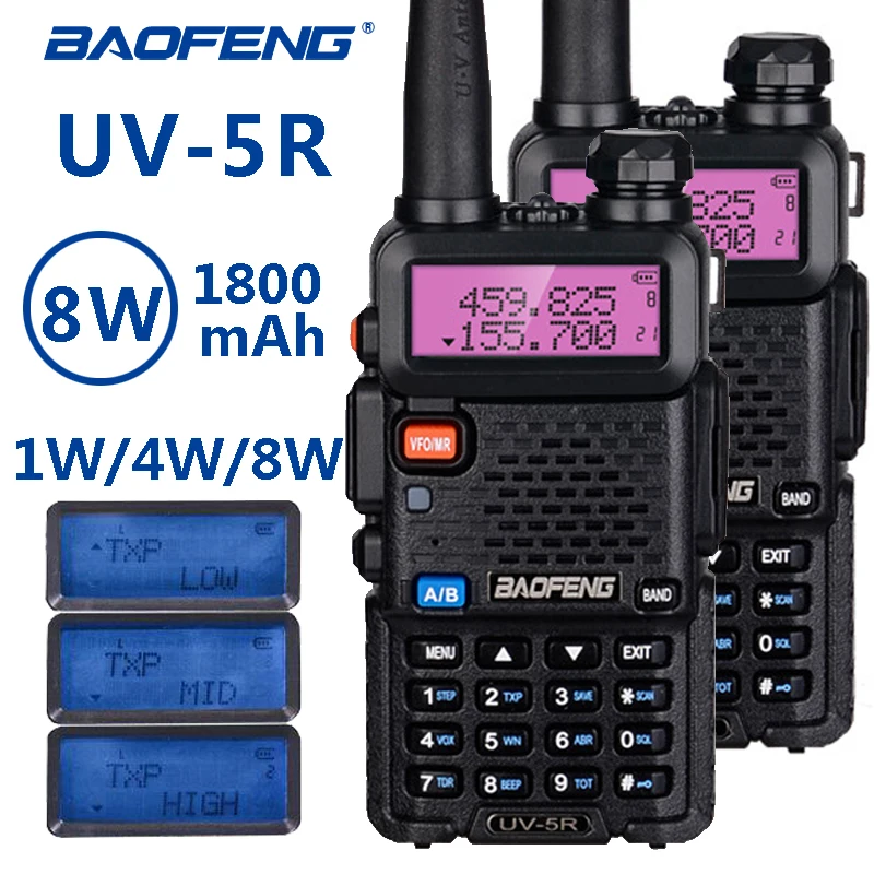 

2Pcs baofeng uv-5r 8W portable walkie talkie 10km long range professional vhf uhf uv 5r transceiver hunting ham cb radio station