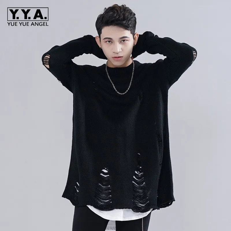 

High Street Personality Baggy Mens Pullover Loose Lovers Kitted Sweater Fashion Hole Ripped Black Casual Sweaters For Men