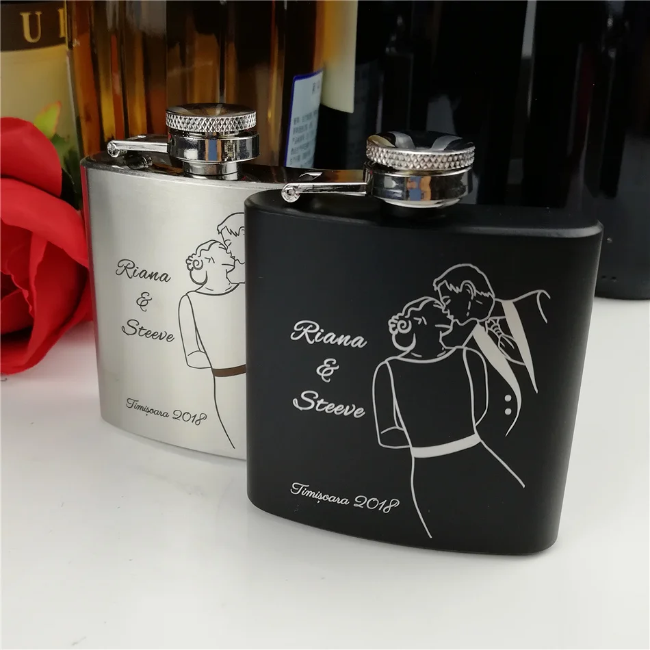 

Personalized wedding gift for Guest Bride and groom name Free engraved of 3oz stainless steel hip flask black /sliver/pink