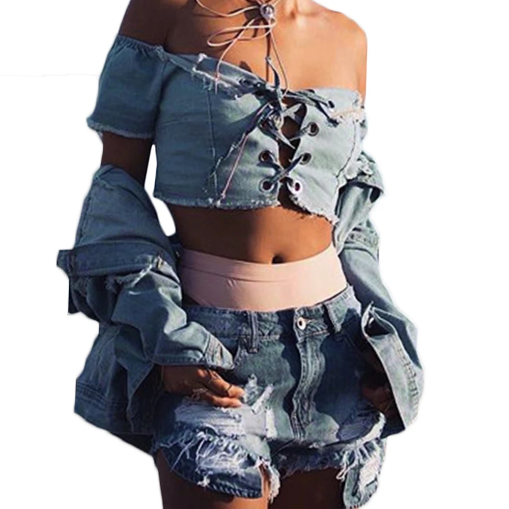 Short Sleeve Denim Crop Tops Summer Lace Up Short T Shirt Jeans Women ...