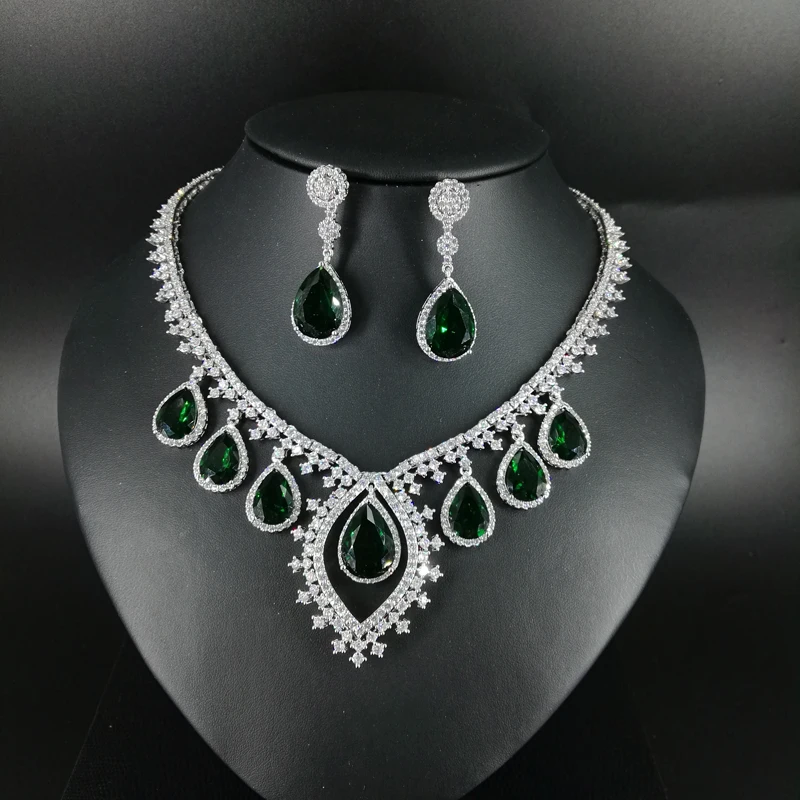 

2019 fashion DUBAI retro green CZ zircon necklace earring set,wedding bride dinner party banquet dress jewelry free shipping
