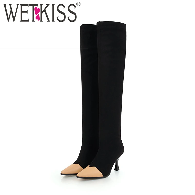 WETKISS/растягивающиеся женские сапоги на высоком каблуке размера плюс 34-48 женские ботфорты с квадратным носком женская зимняя обувь г