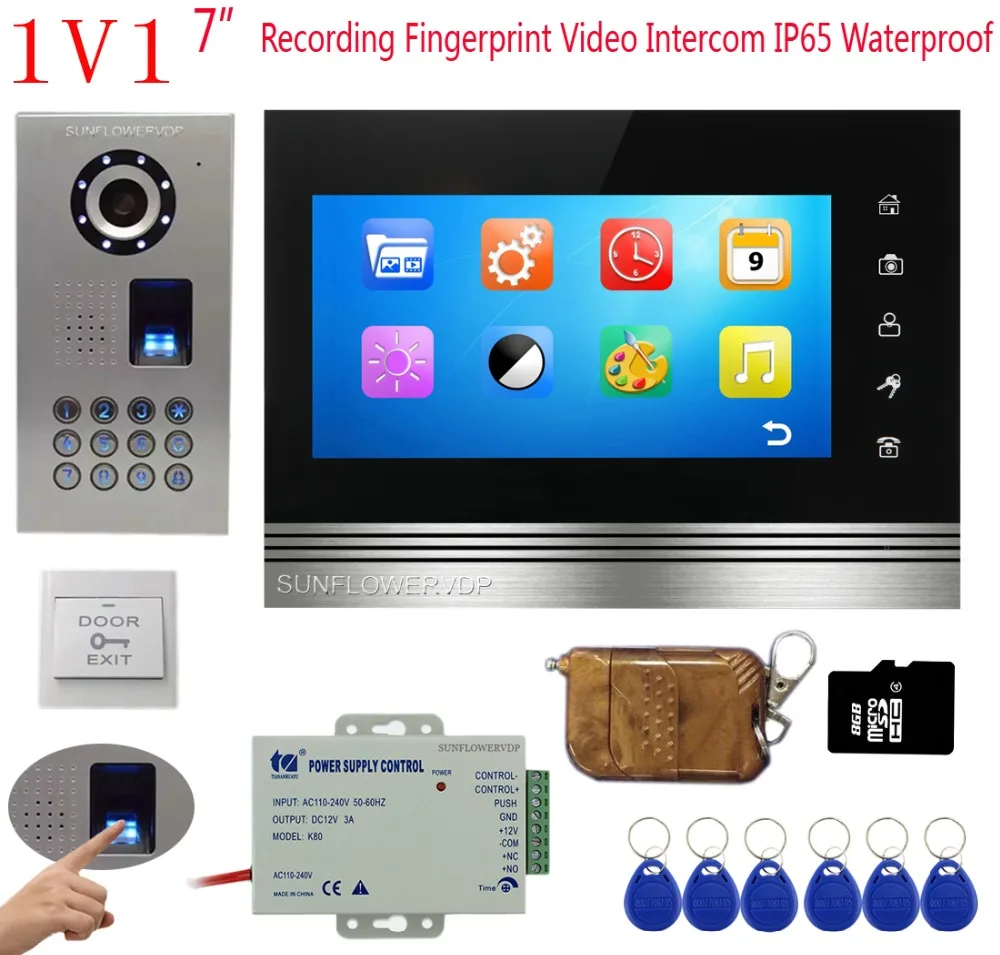 

Video Recording Intercom Video Doorbell 7" Color Monitor Intercoms For Private Homes Fingerprint/Rfid/Code Camera+Remote Control