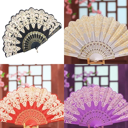 Folding Hand Fan Vintage Chinese Ethnic Style Golden Tone Hand Held Flower Fan